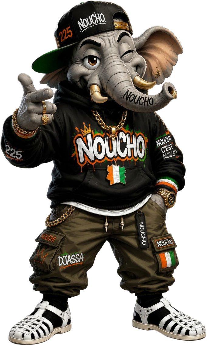 Noucho, la mascotte NOUCHI225, salue en pointant du doigt